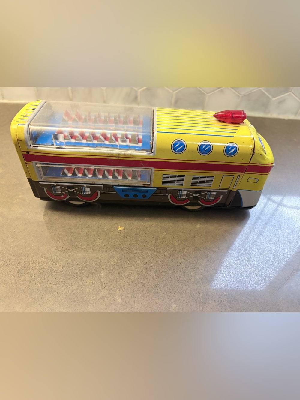 Vintage tin toy friction double decker train China MF36